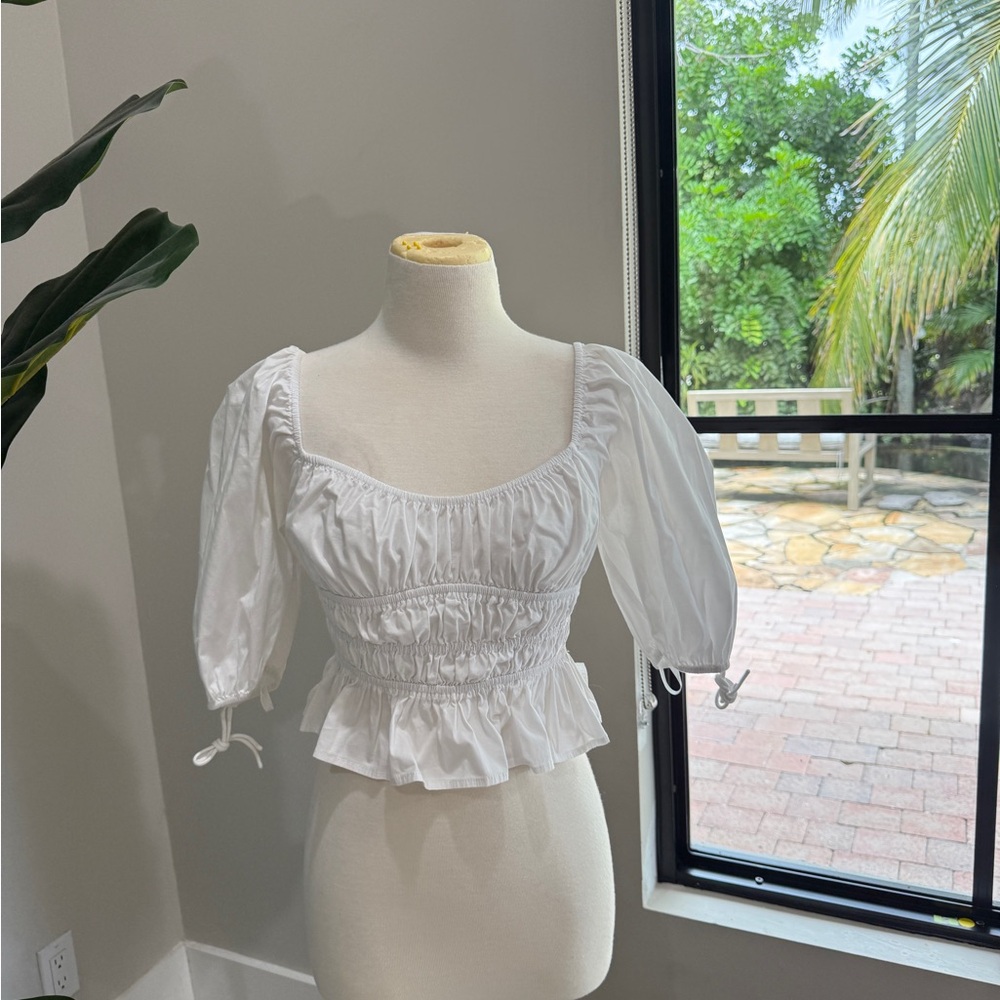 STAUD White Ruched Puff Sleeve Blouse